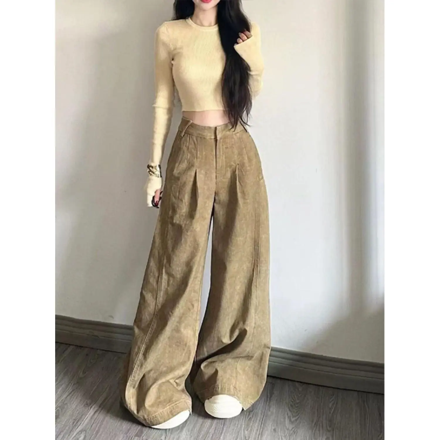 Quần Jean Vàng, Phong Cách Cổ Điển Mỹ, Mặc Trông Đã Giặt Sạch, Dáng Rộng Vừa Vặn, Thiết Kế Mới Mùa Thu Của Phụ Nữ, Ống Rộng, Quần quét đất Nhà, Dành Cho Nữ
