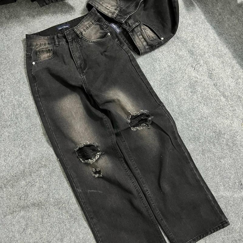 Kang (S-2Xl) Quần Jeans Suông Rách Màu Đen Wash 2 bênWomen Pants 4