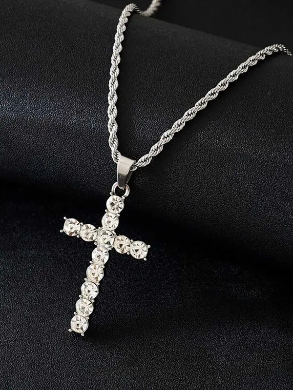 Trendy Rhinestone Cross Pendant Necklace for Men, Zinc Alloy Matching Necklace Jewelry for Party, Classic Fashion Accessories for Daily Wear 2