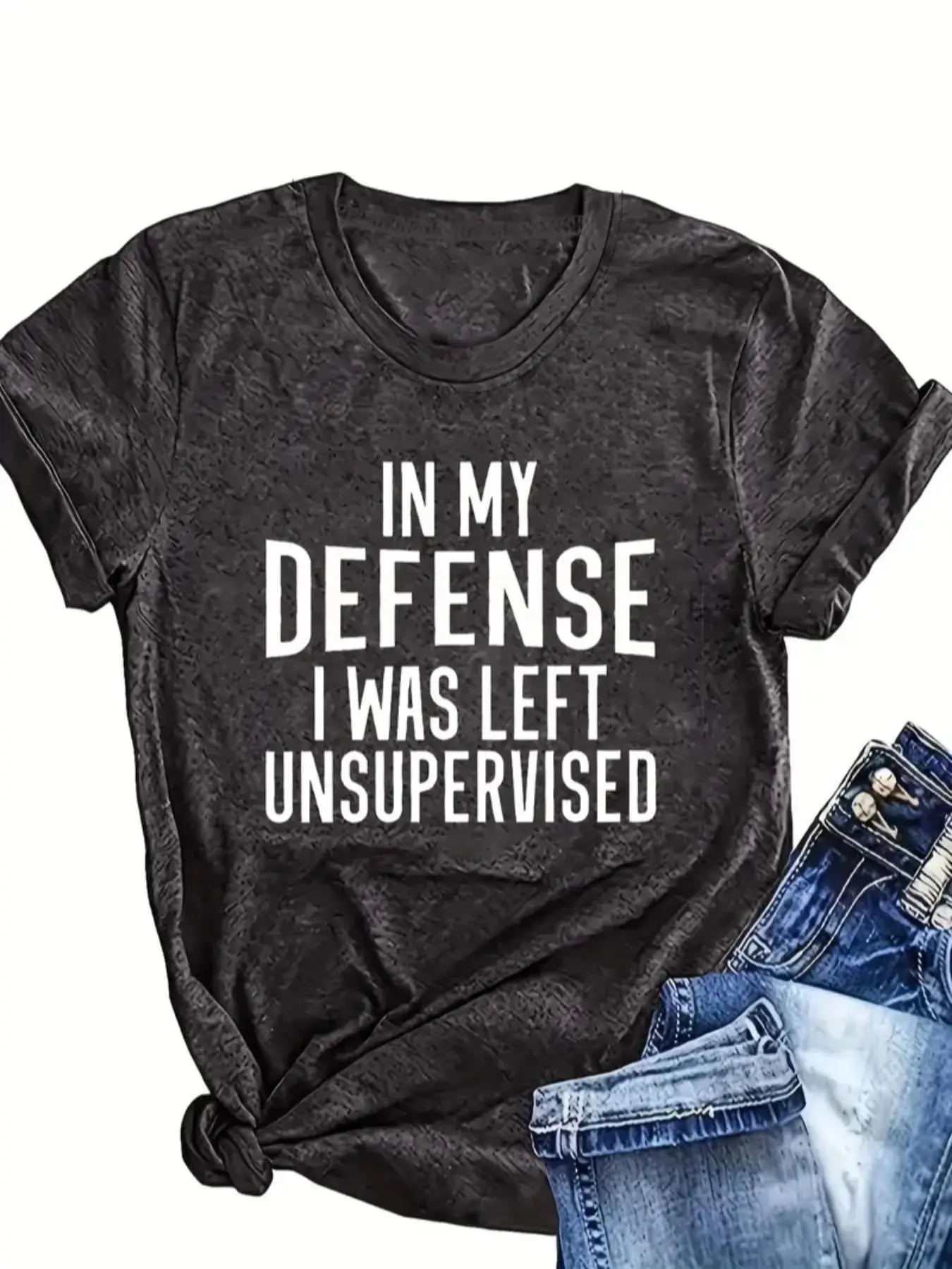 【Plus Size】 Letter " IN MY DEFENSE I WAS LEFT UNSUPERVISED " Print Tee, Casual Fashion Short Sleeve T-shirt for Daily Wear, Women Plus Clothing for All Seasons