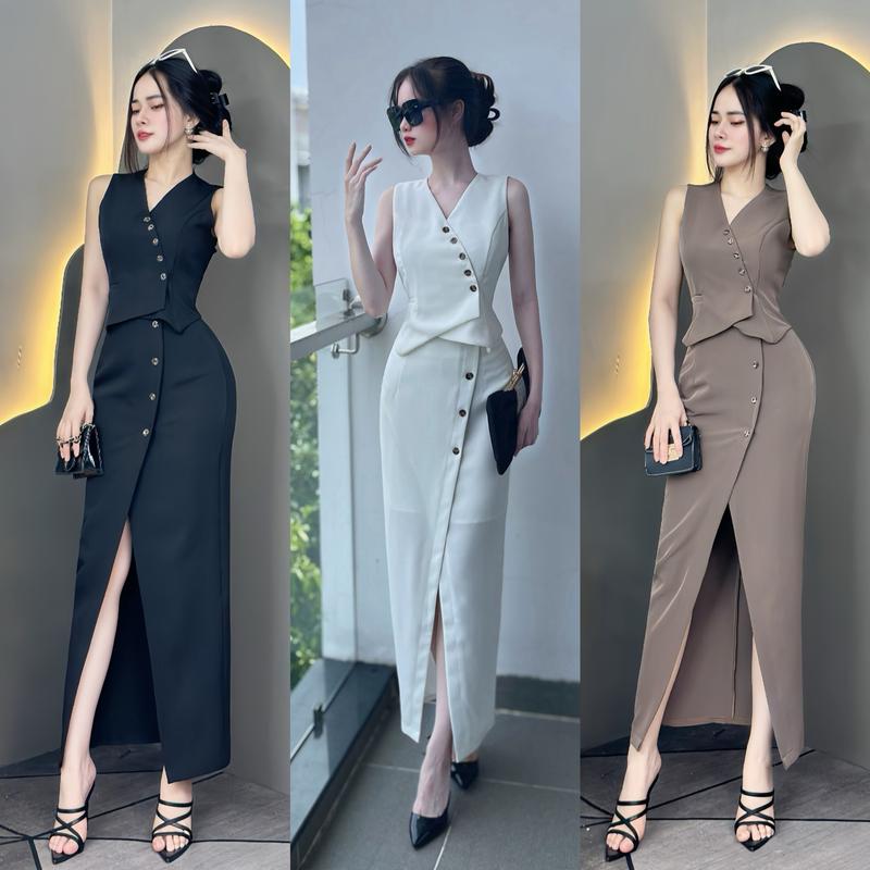 Set Đầm Dress EMME T1728 Nữ 2 Món Gồm Áo Gile Phối Chân Váy Bút Chì Dáng Lửng Cách Điệu Women Top Đen Nhung