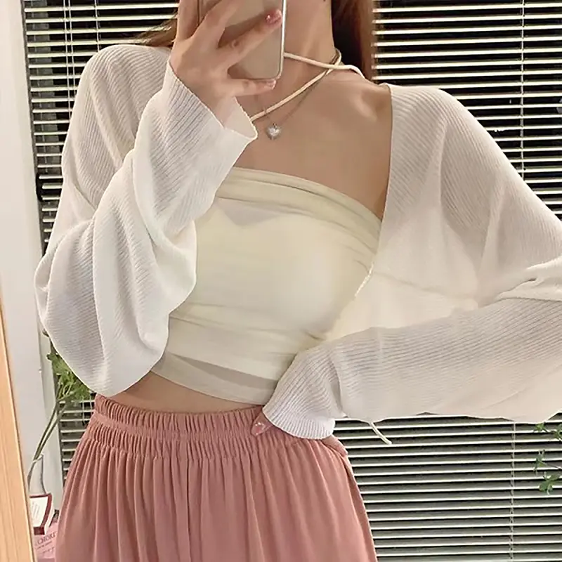 Áo Cardigan Chống Nắng Dệt Kim Ngắn, Chất Liệu Lụa Lạnh Mùa Hè, Dành Cho Nữ, Màu Trơn Tay Áo Dài, Áo Khoác Mỏng