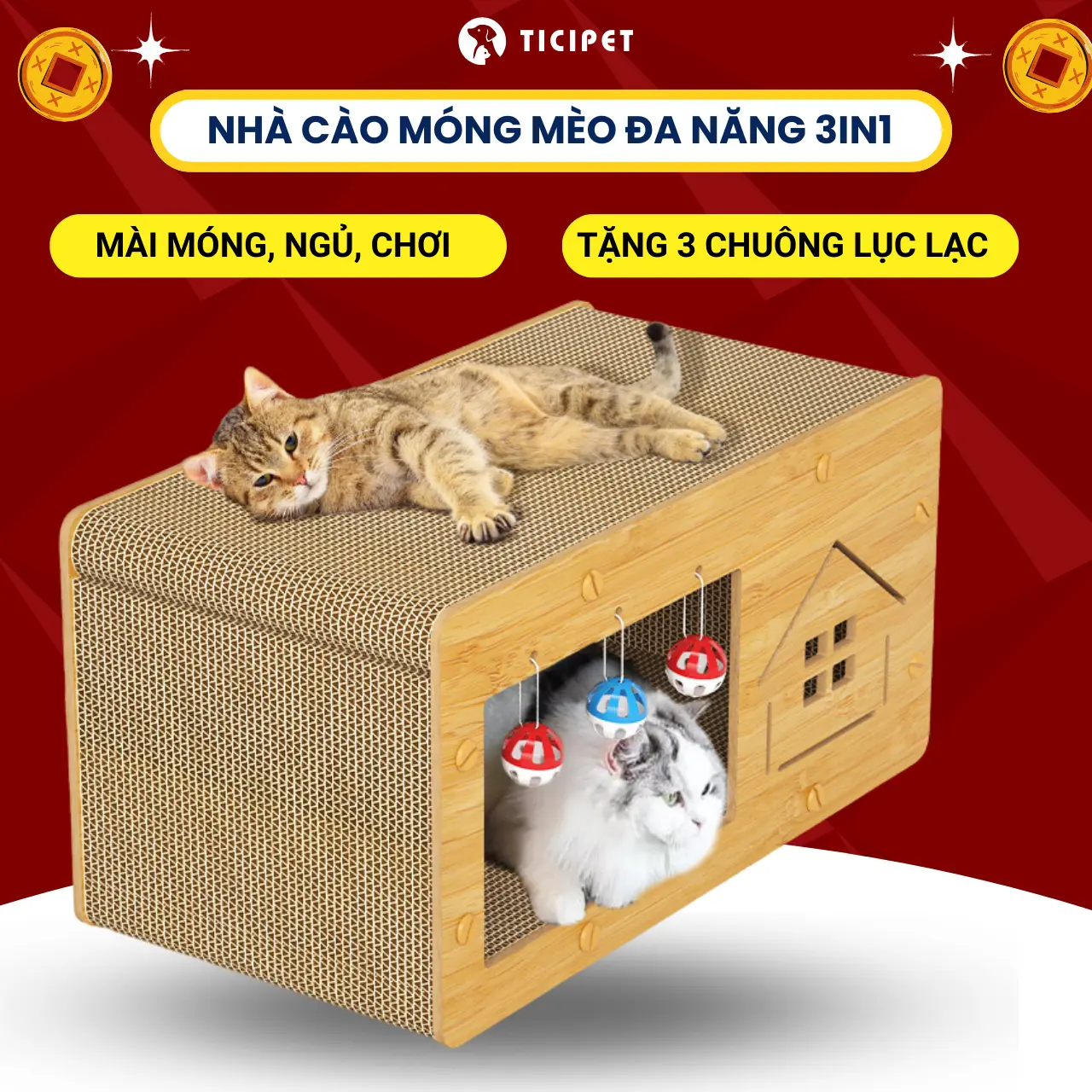 Bàn cào móng cho mèo kết hợp nhà mèo đa năng 3in1,  NHIỀU MẶT cào tiện lợi, Ổ cào móng mèo chống mài mòn, bền chắc hỗ trợ mài móng mèo cực tốt, nhà cào móng mèo kết hợp chuông trò chơi giúp mèo giải trí, giảm stress TiCipet
