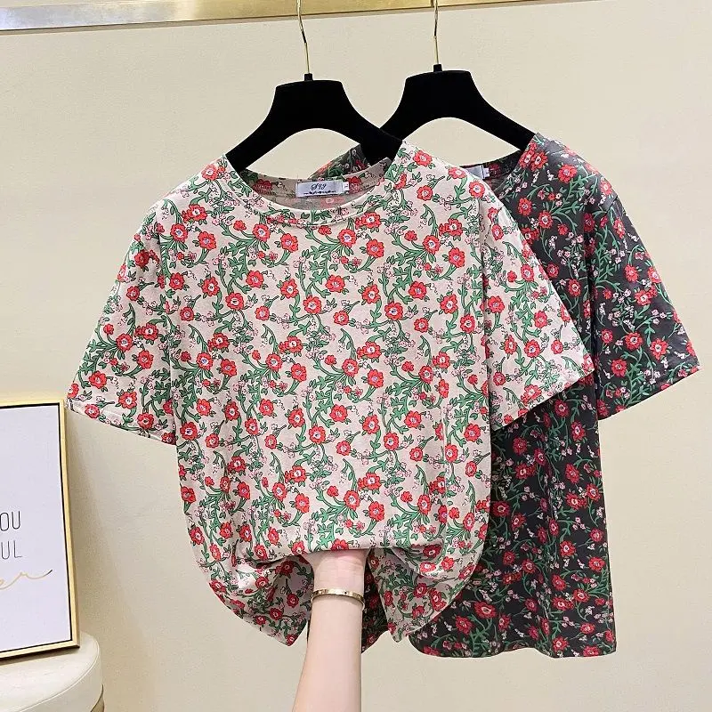Áo Phông Hoa, Dành Cho Nữ, Phong Cách Hàn Quốc, Ngoại Cỡ, Cổ Tròn, Dáng Rộng Vừa Vặn, Tay Ngắn, Áo Trên