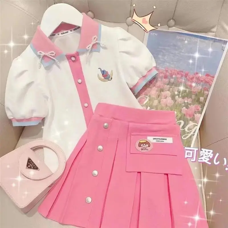 Setelan Anak Perempuan Import Model Rok Kancing Lipat Lengan Karet Balon Kerah Pita Lucu Fashionable