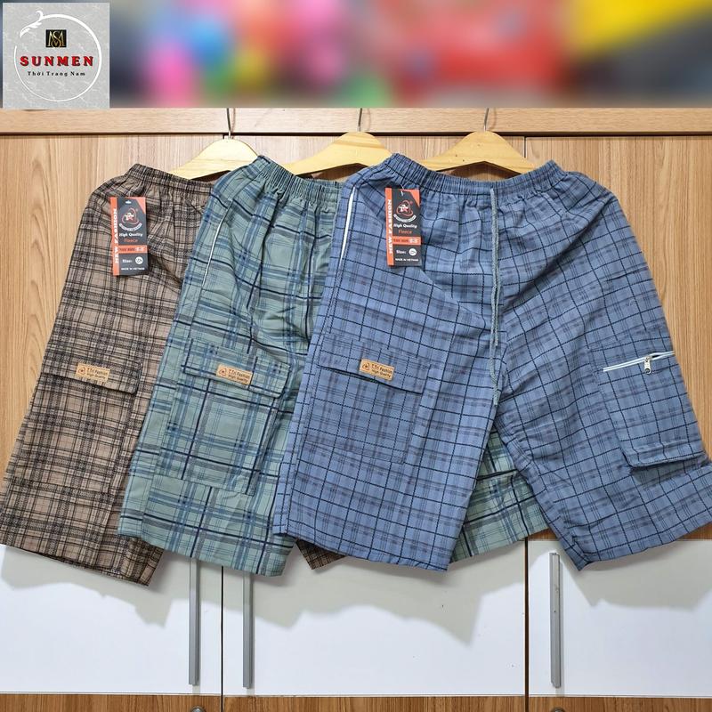 Quần Đùi Nam Kaki Kẻ Sọc Caro Lửng Vải Mỏng Mịn Trung Niên Mặc Nhà SUNMEN Size Từ 50kg - 85kg Menswear Quần Lửng Có Túi quần  short quần  short