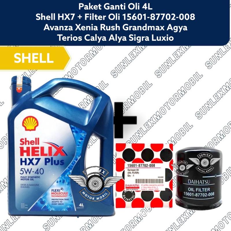 PAKET GANTI OLI 4L SHELL HX7 5W40 5W-40 AVANZA XENIA RUSH TERIOS GRANDMAX SIGRA CALYA AGYA + FILTER OLI DAIHATSU 15601-87702-008 0