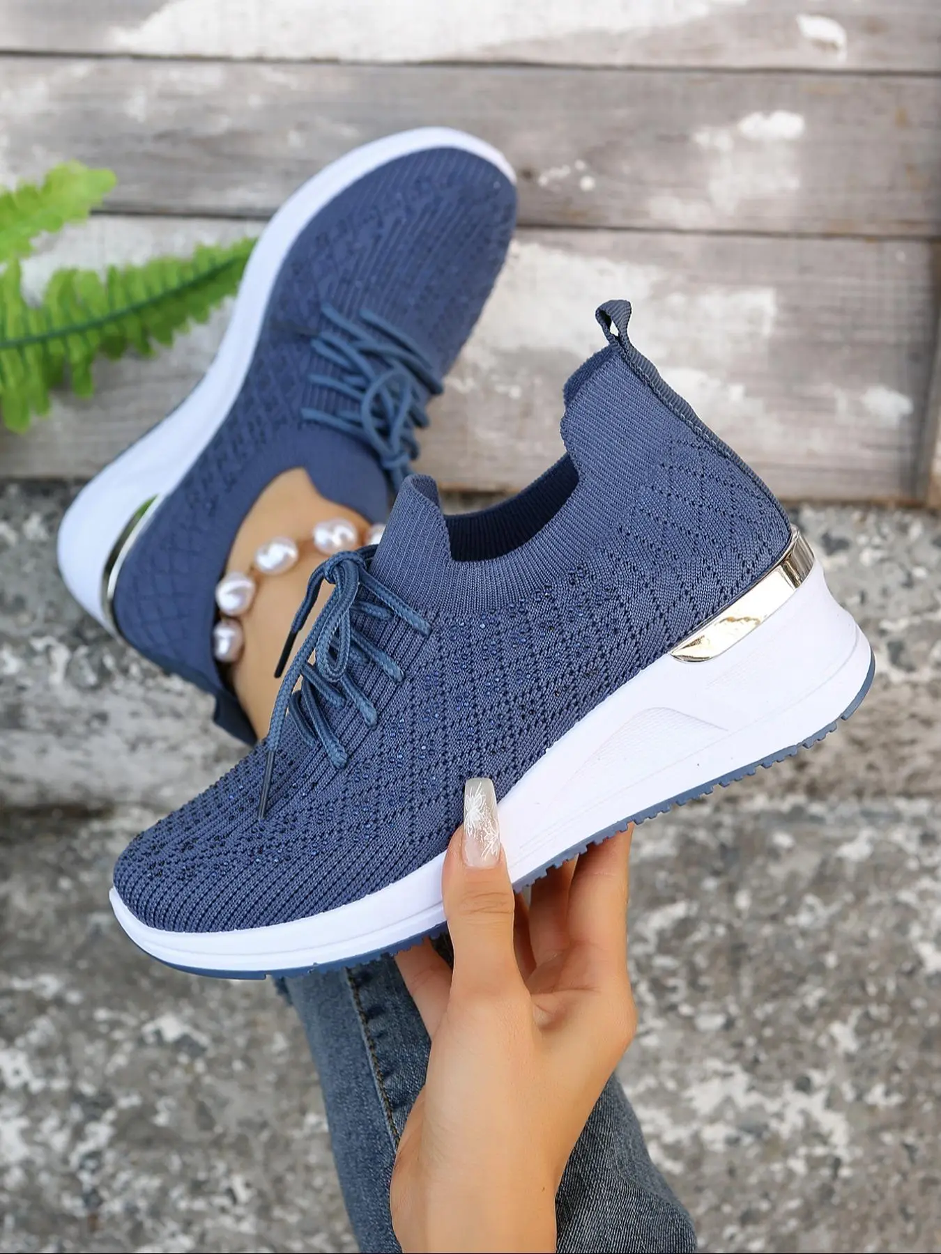 Women's Fashion Rhinestone Decorated Lace Up Low Top Wedge Sneakers, Casual Comfortable Breathable Sports Running Shoes, All-match Basic Shoes for Daily Wear, National Day Offers