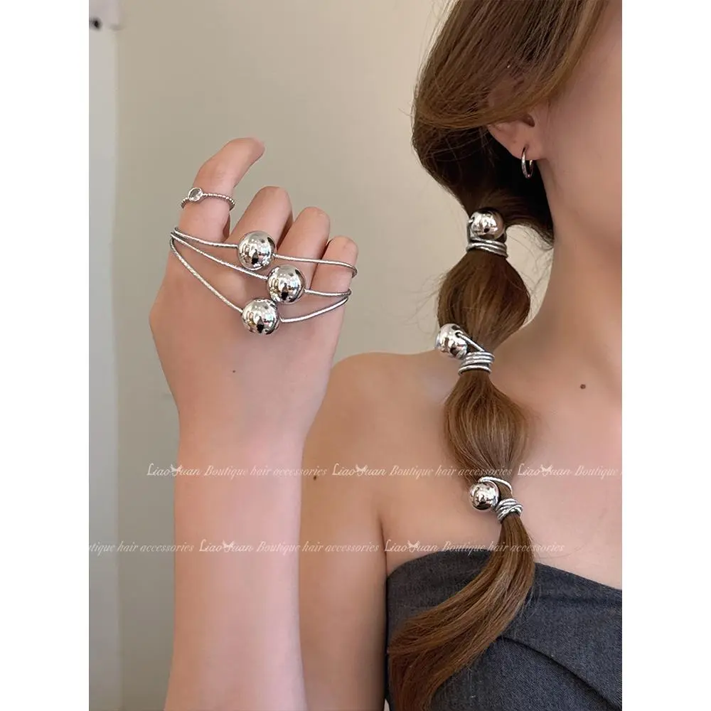 3 Pcs! Simple and High-end Silver Ball Head Rope Women's 2024 New Ins Hair Circle Net Red Ponytail Rubber Band
