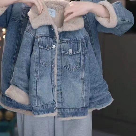 Áo Khoác Jean Cho Bé Gái, Mùa Thu / Đông Mới, Lót Lông Cừu, Dày Dặn, Phổ Biến, Dễ Phối Đồ Cho Trẻ Em, Áo Ấm 5
