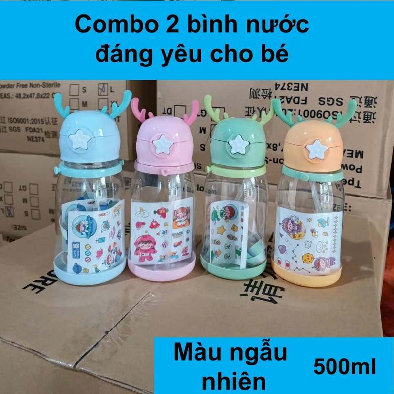 Combo 2 Bình Nước Sừng Hươu Tuần Lộc Cho Bé Dung Tích 500ml, Bình Nước Đi Học Cute Cho Bé Trai Và Bé Gái