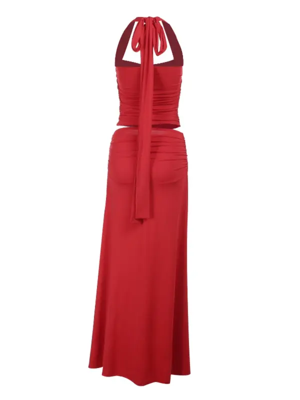 Two-piece Set Women's Solid Color Halter Neck Top & Skirt, Casual Fashion Cozy Breathable for Daily Outdoor Wear, Ladies Clothes for Summer 1