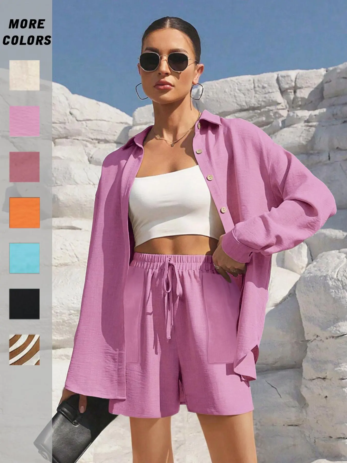 Two-piece Set Women's Solid Color Shirt & Shorts, Casual Long Sleeve Top & Tie Waist Shorts for Daily Wear, Ladies Two-piece for All Seasons, Summer Co Ord Sets
