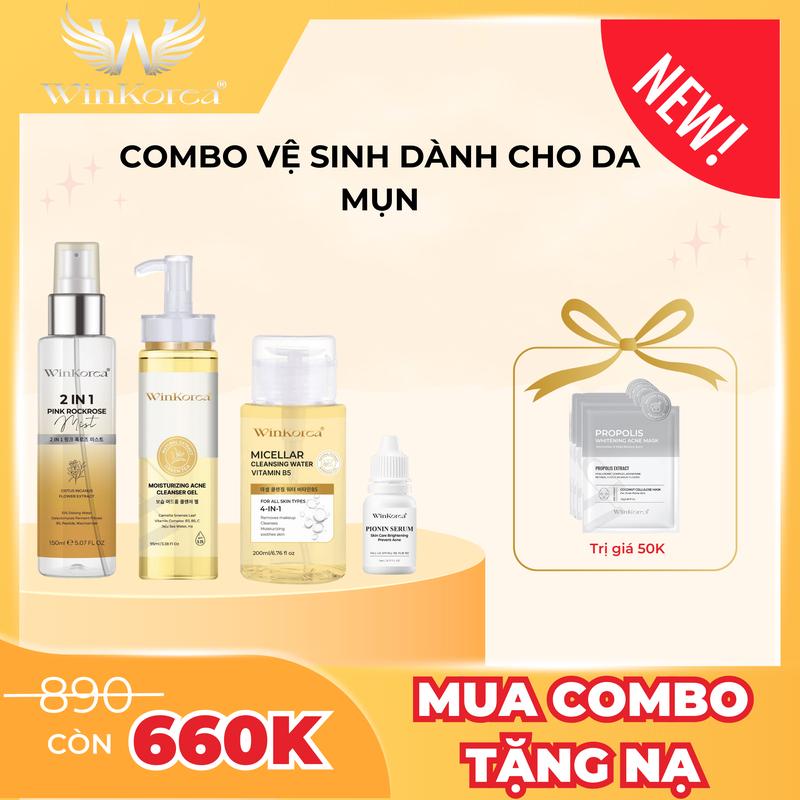 COMBO TẶNG 1 NẠ MỤN 4 MÓN VỆ SINH DÀNH CHO DA DẦU MỤN TẨY TRANG + GEL RỬA MẶT + XỊT KHOÁNG & TONER 2IN1 + Pionin Serum HỖ TRỢ MỜ THÂM MỤN LÀM SẠCH DA MỤN CẤP ẨM VÀ GIỮ ẨM Thương Hiệu: WinKorea Skincare