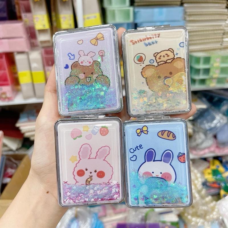  Gương trang điểm mini 2 mặt gấp gọn hoạ tiết nhũ kim tuyến Cosmetic 