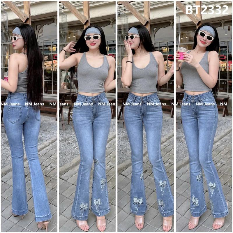 [98-100cm] Quần jean nữ ống loe thêu nhiều kiểu NM Jeans, chất co giãn, size 40-75kg, 2 màu- Pants, Women