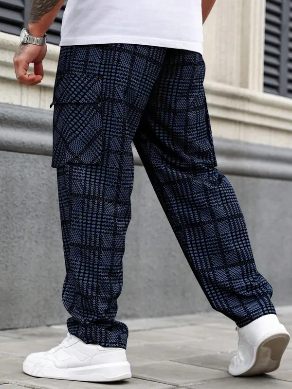 Men's Plaid Print Drawstring Waist Cargo Pants, Loose Casual Comfy  Flap Pocket & Slant Pocket Design Straight Leg Trousers for Daily Wear, Fashion Men's Bottoms for All Seasons 8