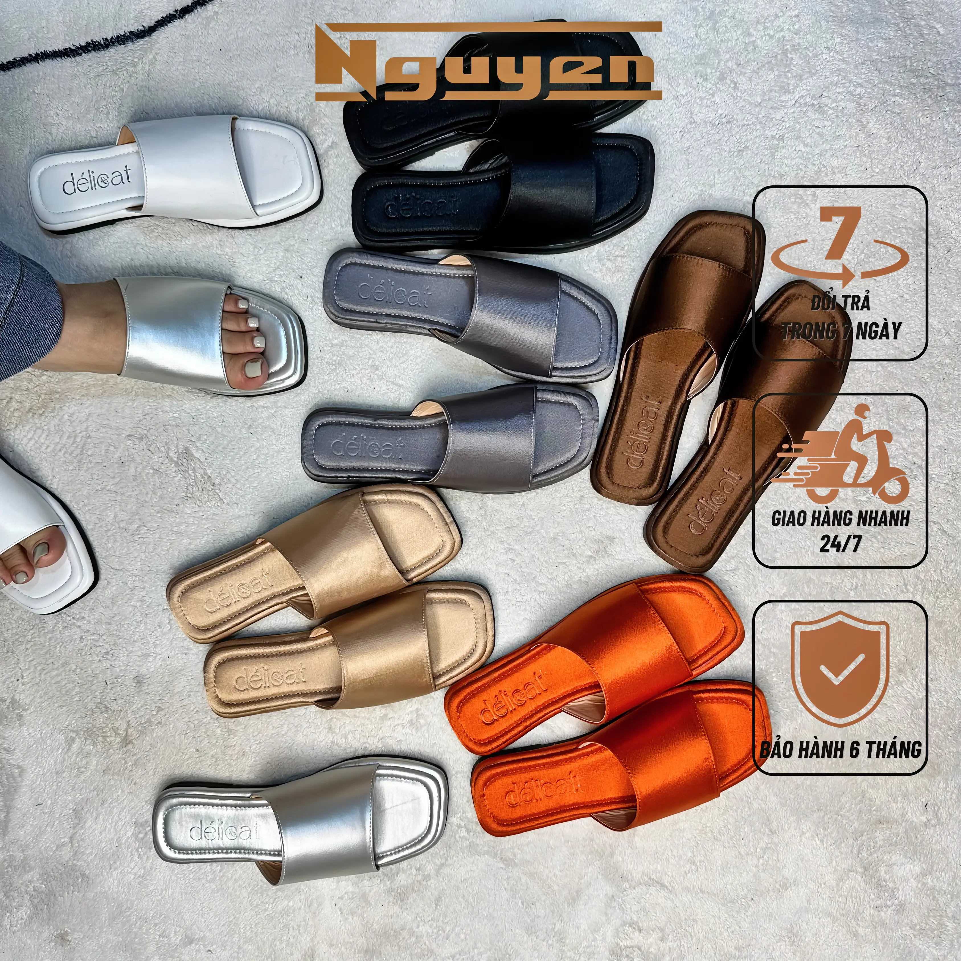 (Form nhỏ tăng size)Dép nữ Nguyễn Gia thời trang quai ngang phiên bản da và lụa cao 1-2cm N128 DéP GiàY Shoes