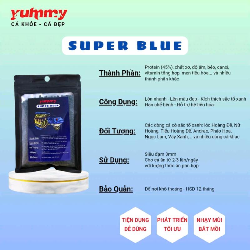 Cám Yummy | SUPER BLUE cám chuyên dùng cho Lóc Lạnh và hỗ trợ các loại cá săn mồi lên sắc tố xanh nhanh và chuẩn