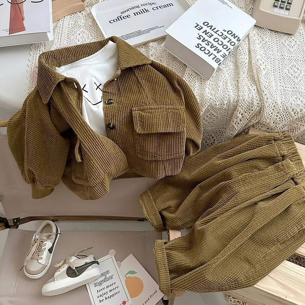 Bộ Thời Trang Cho Bé Trai, Quần Áo Bé Trai Đẹp Trai Phong Cách Hàn Quốc, Áo Cardigan Nhung Pu, Bộ Hai Mảnh Cho Trẻ Em