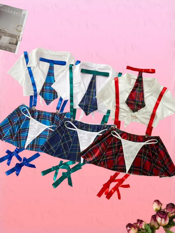 Women's Plain Knot Front Crop Top & Plaid Print Pleated Suspender Skirt & Thong & Tie & Bow Decor Thigh Band Set, Sexy Fit School Girl Adjustable Costume Set, Underwear Sets, Women's Lingerie & Underwear for All Seasons, Clothes, Womenswear, Cosplay 6