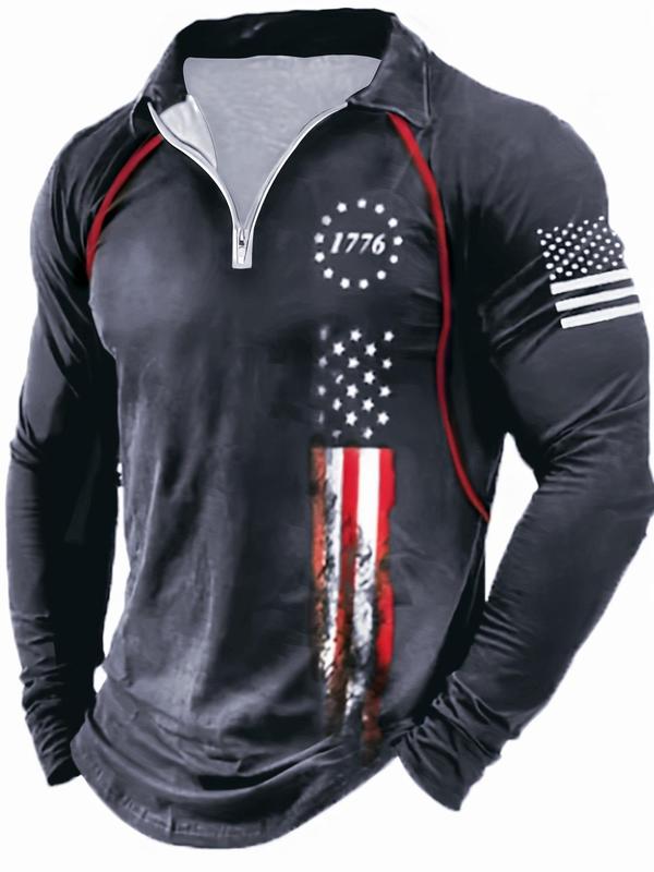 Men's Star & Figure Print Zip Up Polo Shirt, Casual Raglan Sleeve Collared Top for Daily Outdoor Sport, Fashion Men's Clothes for All Seasons, Streetwear 2