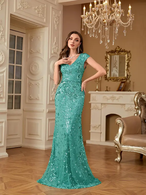 Women's Contrast Sequins Mermaid Evening Dress, Elegant V Neck Evening Party Gown, Ladies Clothes for All Seasons, Womenswear 4