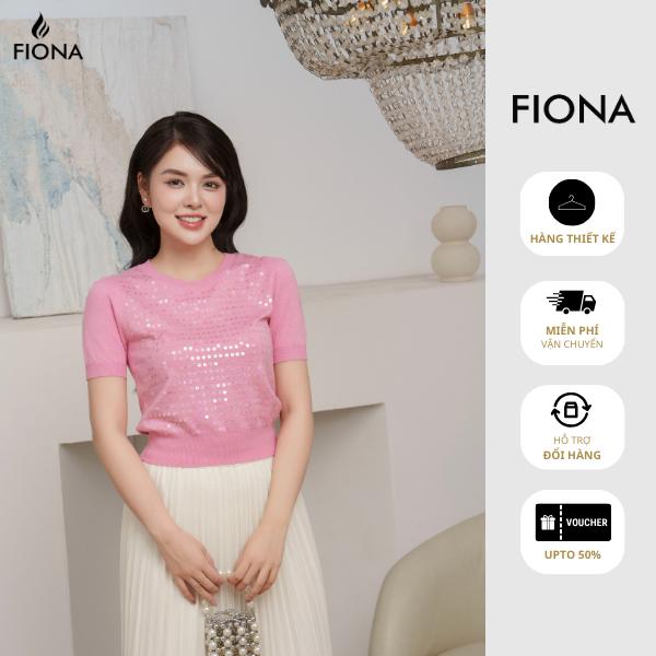 FIONA Áo len nữ chất Viscose cổ tròn dáng bo gấu đính kim sa tay ngắn C514528 Women Top