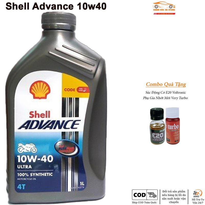 Dầu Nhớt cho xe số côn tay Shell Advance 10W40 Kèm Quà Gồm 1 Súc Động Cơ E20 Voltronic và 1 Phụ Gia Nhớt Mới Xado Very Turbo
