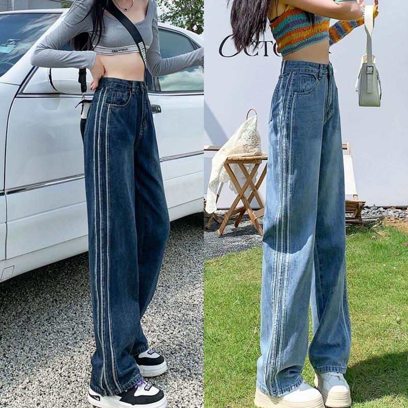 Quần Jean Suông Ống Rộng Màu Xanh Nhạt, Xanh Đậm Phủ Dơ BigSize 3 Sọc Viền Cạnh Denim 0129 0130 Dài 103cm, Không Co Dãn, Quần Jean Ống Rộng Wash Màu, Quần Bò Nữ Ống Rộng Dáng Xuông Nữ Pants Baggy Women Ong quần jean