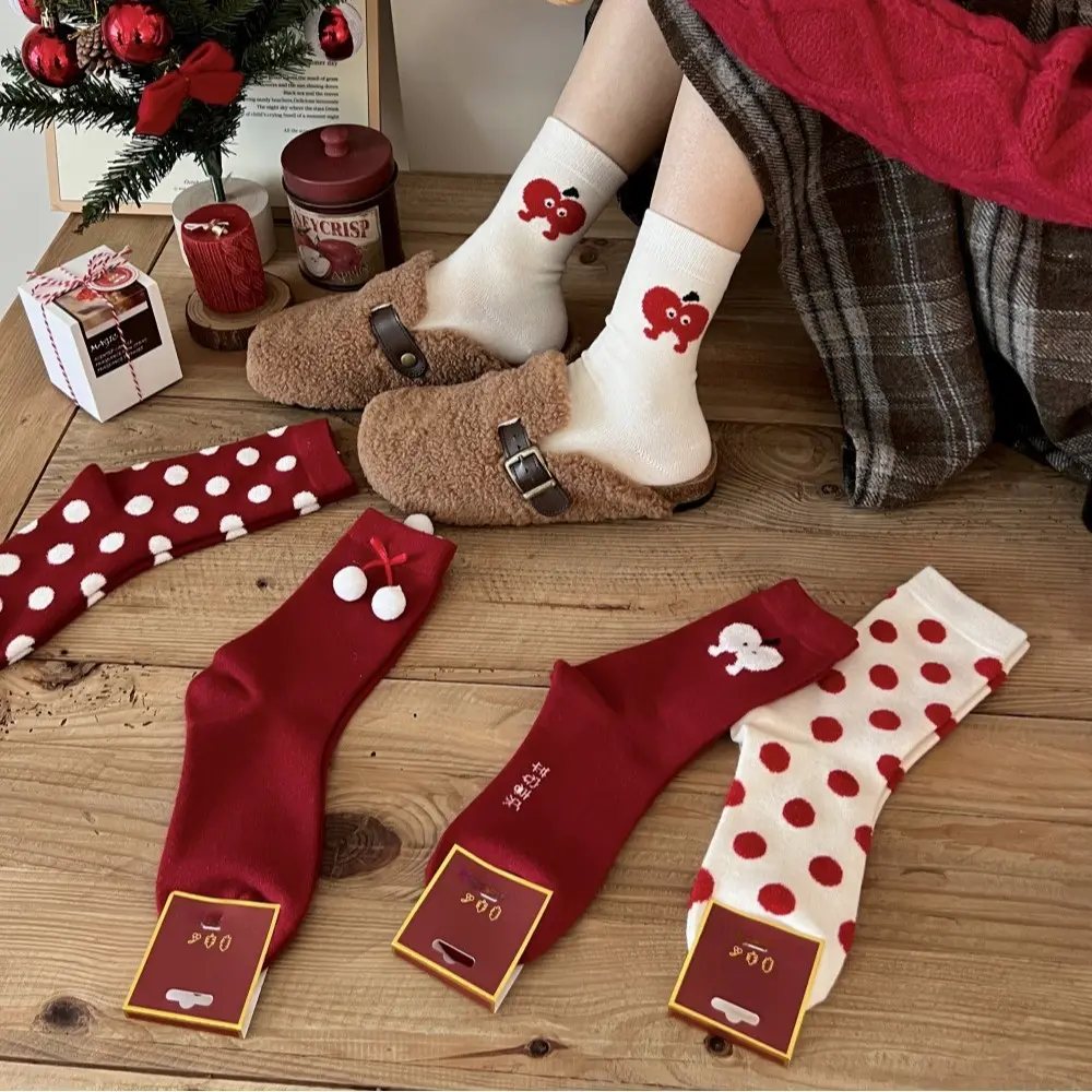 Red Socks for Women Polka Dot Mid-Calf Socks New Fall and Winter Bunny Fleece Creative Apple Stacked Socks Year of the Snake