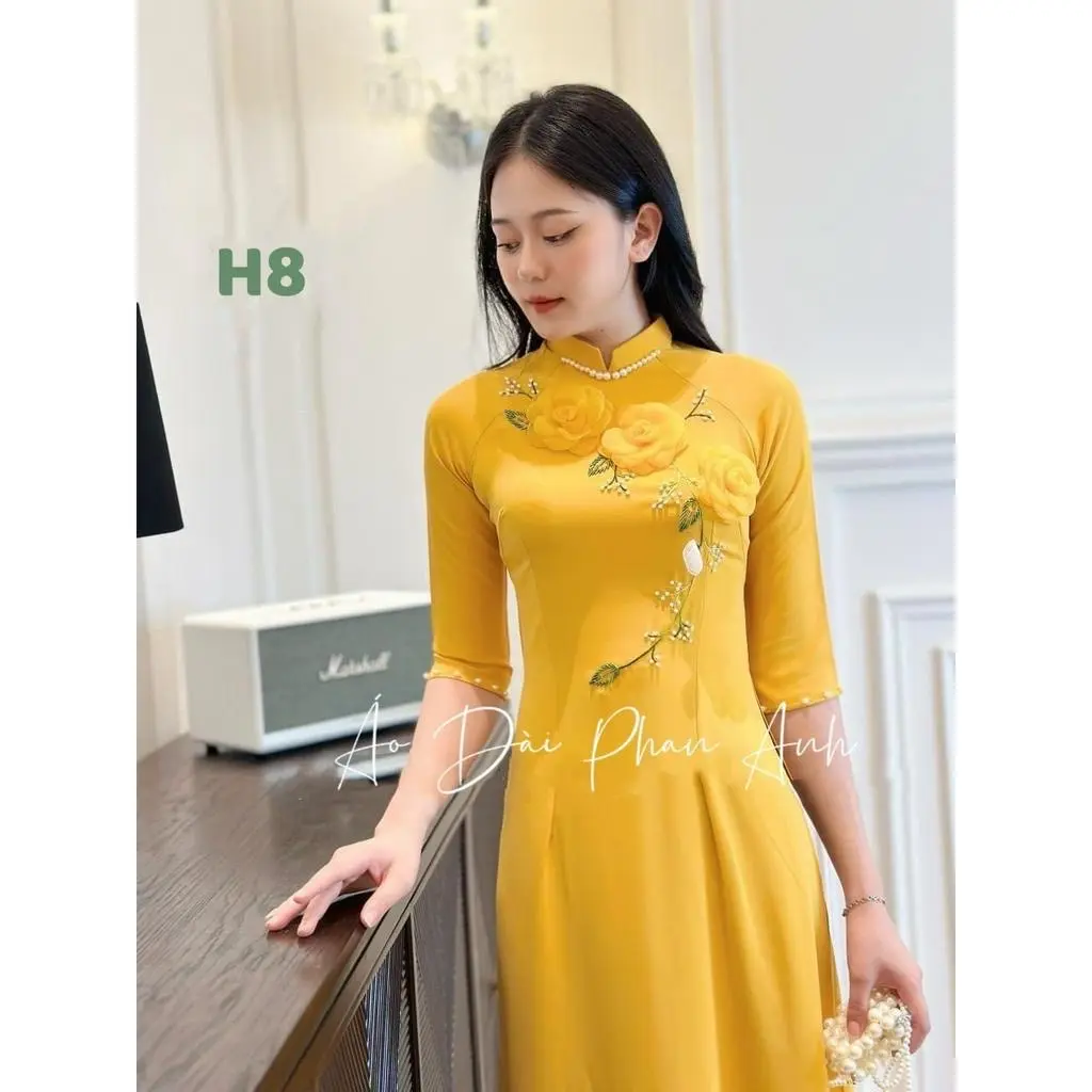 Áo dài Màu Vàng đồng chất liệu lụa mỹ thêu hoa cao cấp, truyền thống 2 tà chuẩn loại 1 Nữ