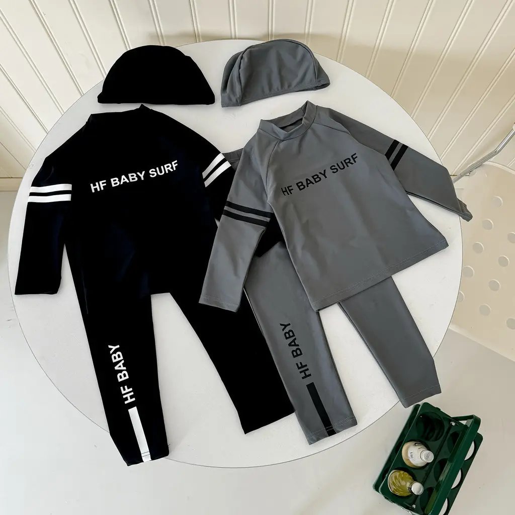 0-3 Years Baby Boyss Letter Print Long-sleeved Shirt+Pants+Swimming Hat Sunscreen Swimsuit