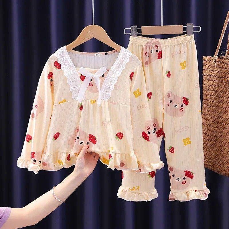Bộ Đồ Ngủ Trẻ Em, Cho Bé Gái, Bộ Đồ Mỏng Dài Tay Ren, Thích Hợp Cho Mùa Xuân Và Mùa Thu, Trẻ Em Trung Và Lớn, Phong Cách Công Chúa Ngọt Ngào, Mặc Nhà Mùa Thu, Năm 2024 3