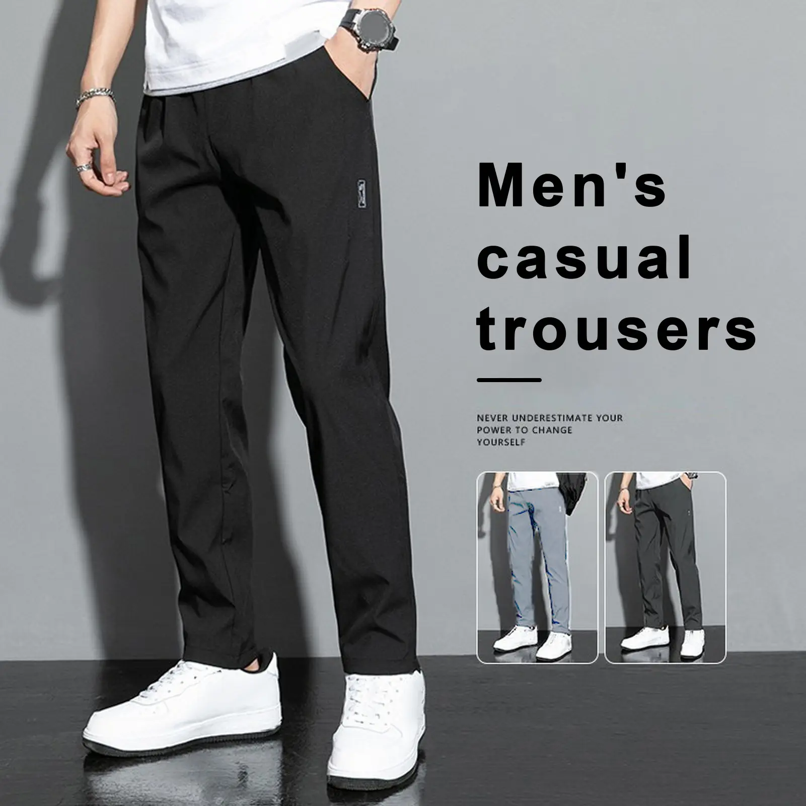 Qikbjgs Men Pants Straigtht Thin Soft Breathable Mid Waist Stretchy Quick Dry Loose Pockets Solid Color Men Long Trousers