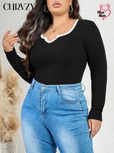 CURVZY Plus Size Contrast Binding Notched Neck Ribbed Bodysuit, Casual Long Sleeve Bodysuit for Daily Wear, Women's Plus Clothing for All Seasons