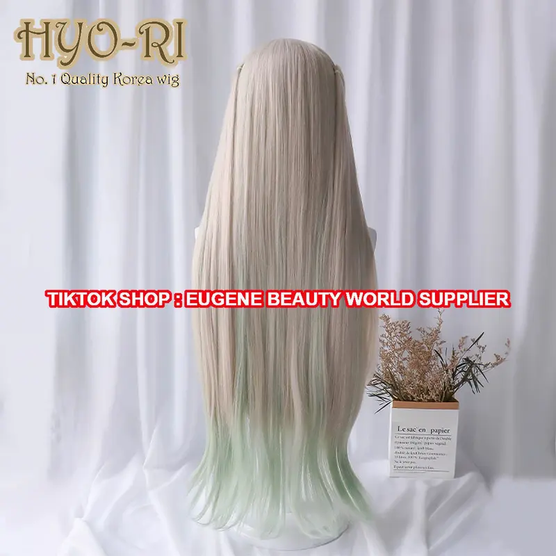 HYO-RI WIG : WIG NENE YASHIRO WIG YASHIRO NENE WIG NENE YASHIROU WIG YASHIROU NENE WIG COSPLAY ANIME JIBAKU SHOUNEN HANAKO KUN ANIME JIBAKU SHONEN HANAKO KUN WIG WANITA PANJANG LURUS PONI DEPAN OMBRE GREY GREEN ABU ABU HIJAU 3