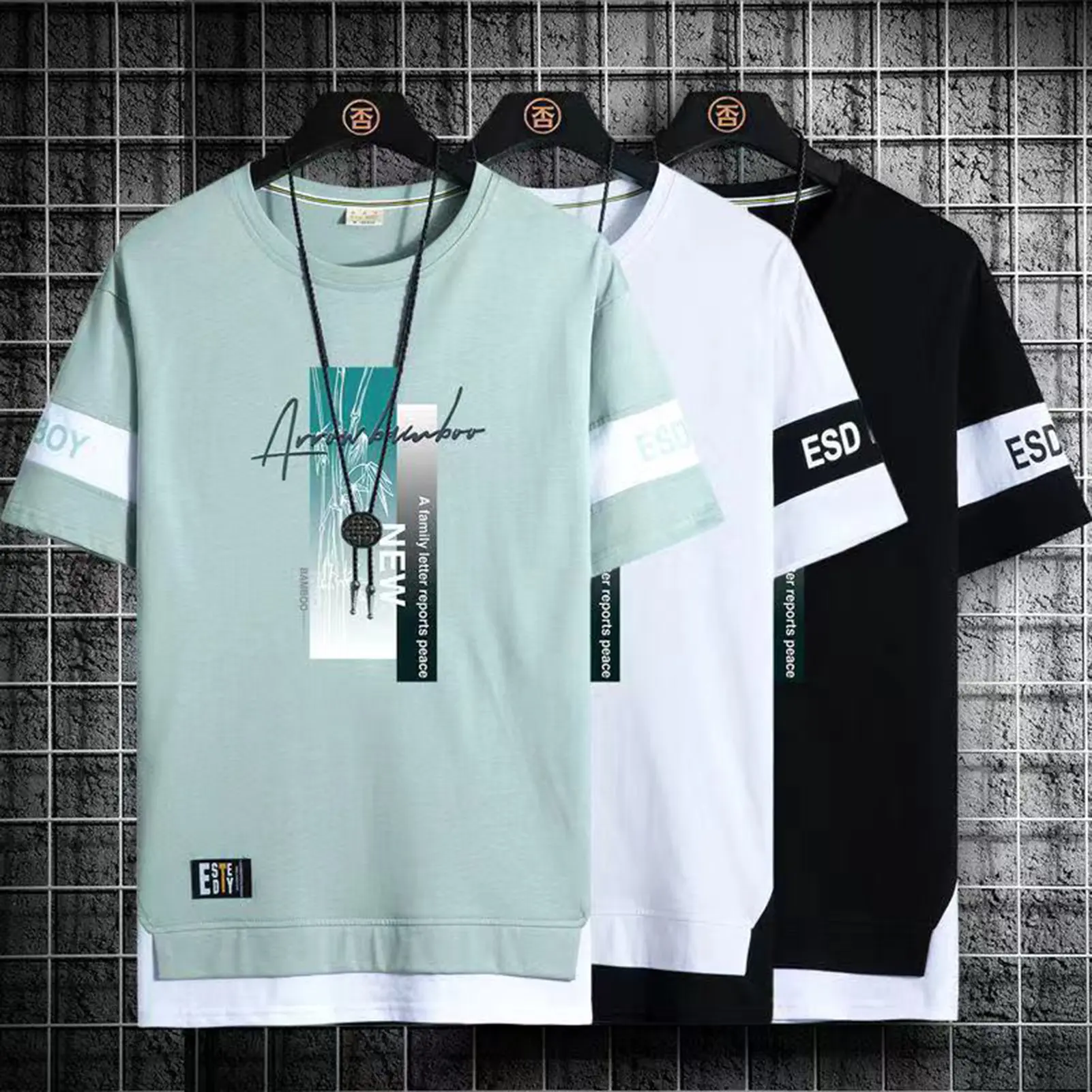 O-Neck Short Sleeve Fake Two Piece Men T-shirt Summer Letter Print Loose Tee Shirt Streetwear