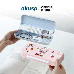 AKUSA Kotak Pensil Aesthetic 2 Tingkat Free Stiker Karakter Tempat Pensil Plastik Multifungsi Anti Air TP002