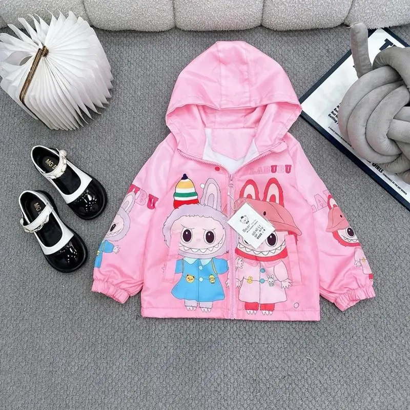 Áo Khoác Gió Labubu Cho Bé Gái 2 Lớp Lót Nỉ Có Mũ Size 13-23kg Ấm Áp Chống Nắng Chống Gió 3