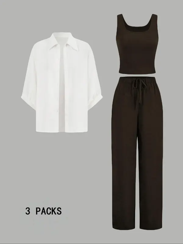 Women's Solid Button Front Shirt & Tank Top & Drawstring Waist Pants Set, Casual 3 Piece Outfits for Year-round Daily Wear, Ladies Clothes for All Seasons 6