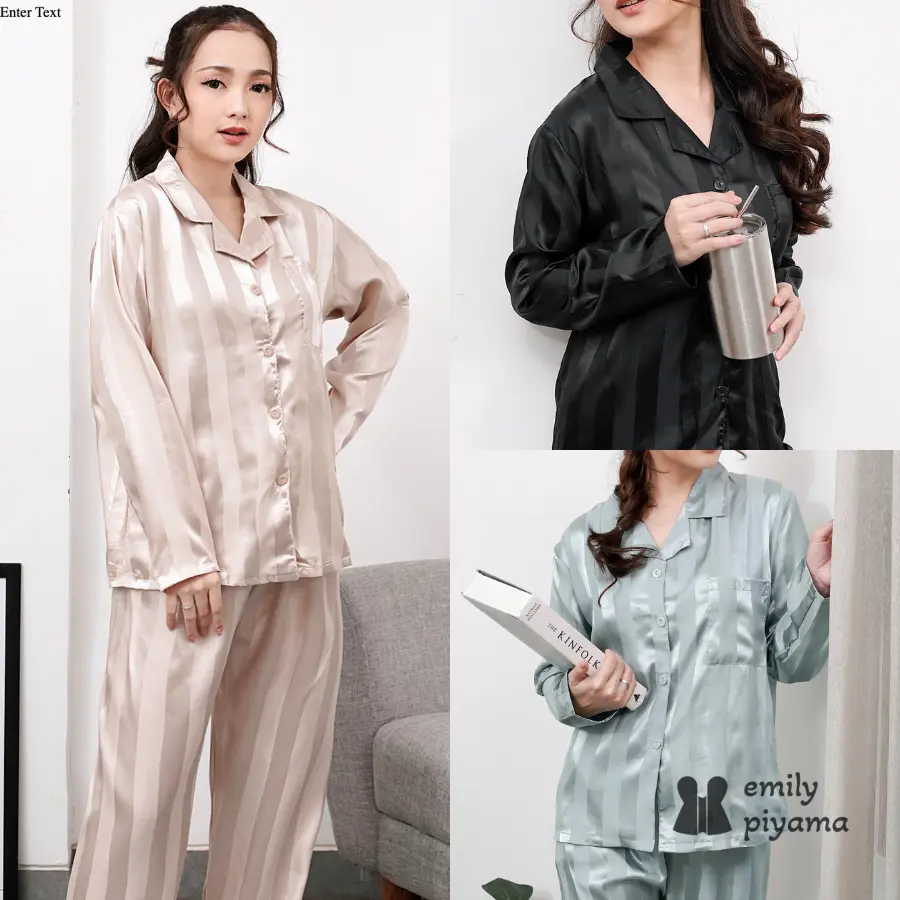 EMILY PIYAMA Baju Tidur Piyama Satin Wanita Dewasa Model Garis Celana Panjang Premium Pakaian Tidur Wanita Dewasa