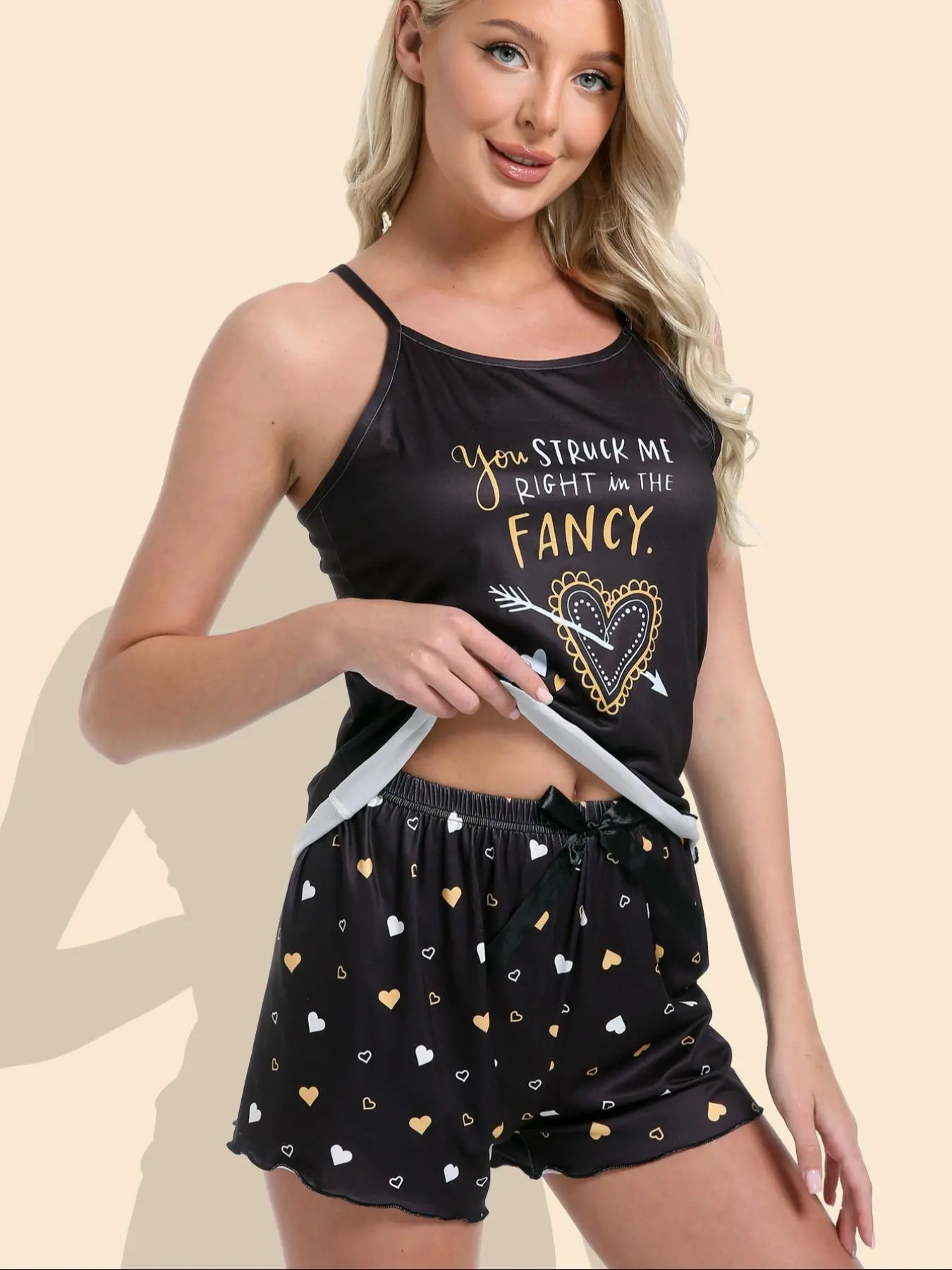Women's Heart and  Letter Print Cami Top & Shorts Pyjama Two-piece Set, Casual Comfy Sleeveless Top & Shorts Pj Set, Ladies Sleepwear for All Seasons, Womenswear