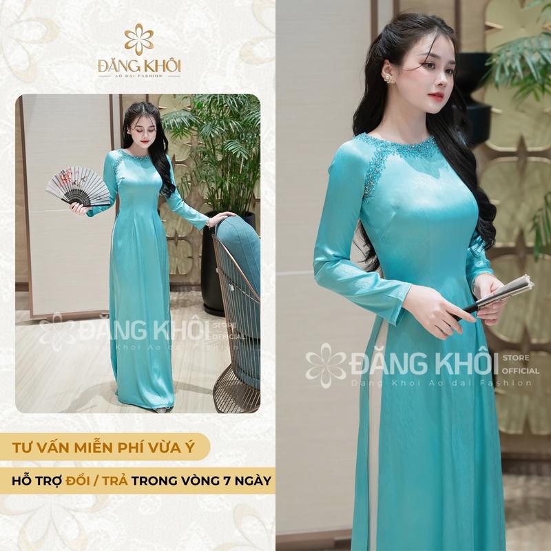 Áo Dài Lụa Vân Gỗ Cao Cấp Thiết Kế Đính Đá Thủ Công Sang Trọng - Màu Xanh Ngọc Cho Nữ - Women