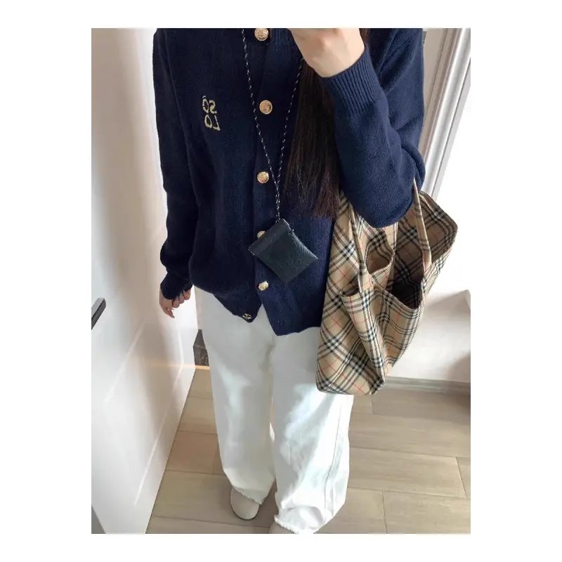 Áo Len, Phong Cách Hàn Quốc, Màu Xanh Navy, Dành Cho Nữ, Thiết Kế Mùa Thu, Nút Kim Loại, Phong Cách Preppy Trông Tựa Dạo, Áo Len 5