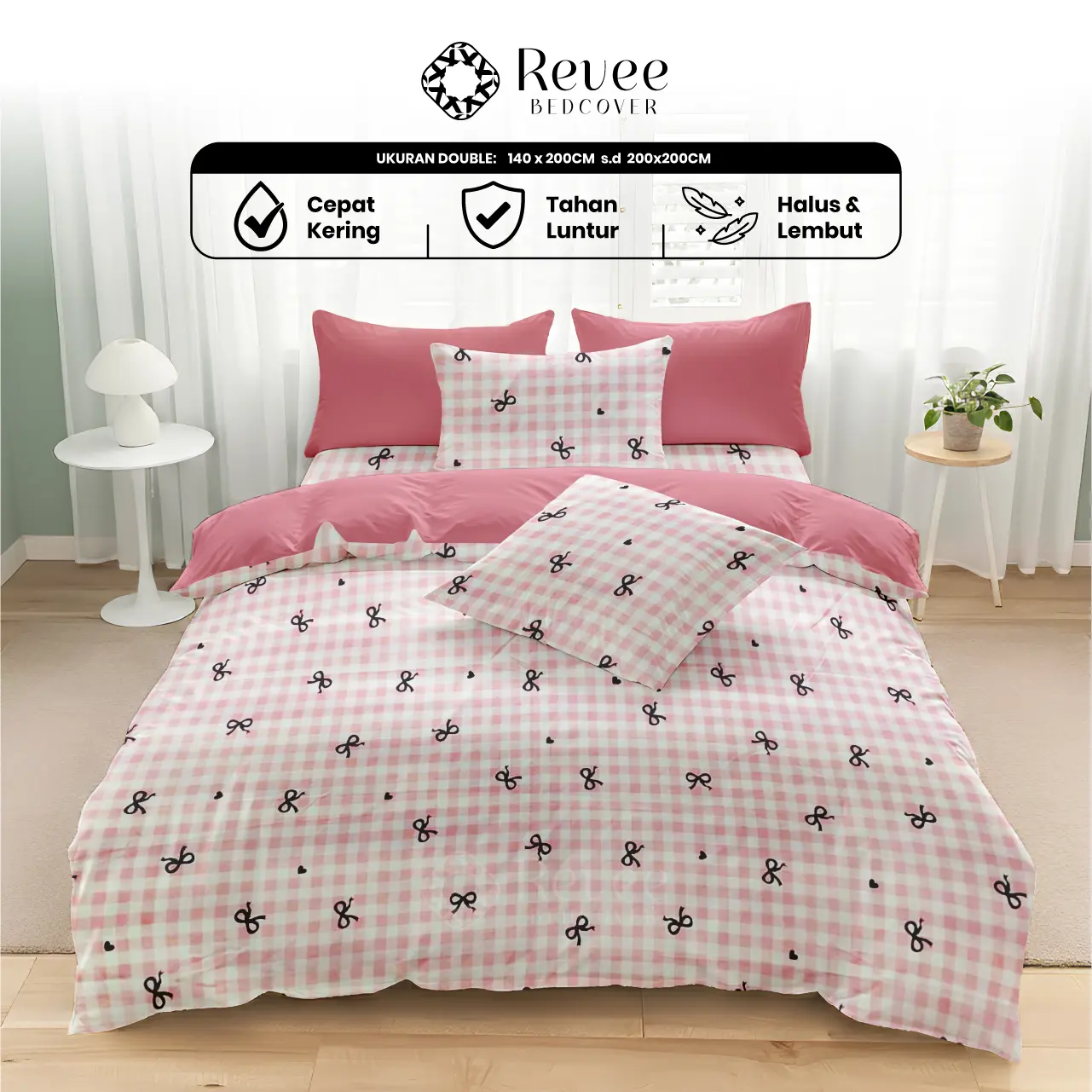 Revee Bedcover - Sprei & Bedcover Set Picnic Bow Mix DustyPink - Ukuran Lengkap 140x200/180x200/160x200/200x200