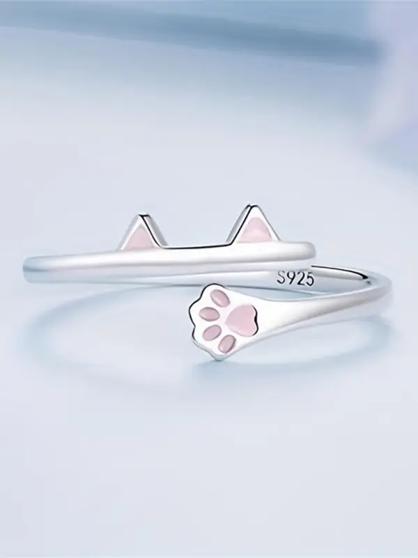 925 Sterling Silver Cute Cat Paw Design Cuff Ring, Adjustable Open Ring, Fashion Jewelry Accessories for Women & Girls 3