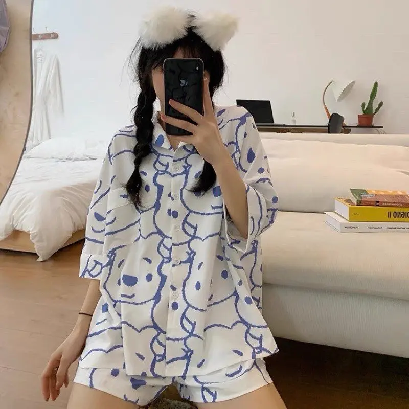 Bộ Đồ Ngủ, Pijama Mặc Nhà Nữ Chất Kate Cộc Tay Gấu hình to