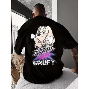 メンズ100%漫画犬のハンドルTシャツ - 柔らかいらかく通気性のある「Let's Go Galfy & Galfy」アニメ犬柄プリント、男女兼用、オールシーズン対応の五分袖丸頭Tシャツ、ジム、キャンプ、パーティー、カジュアルウェアに最适 - アニメスタイルの服。