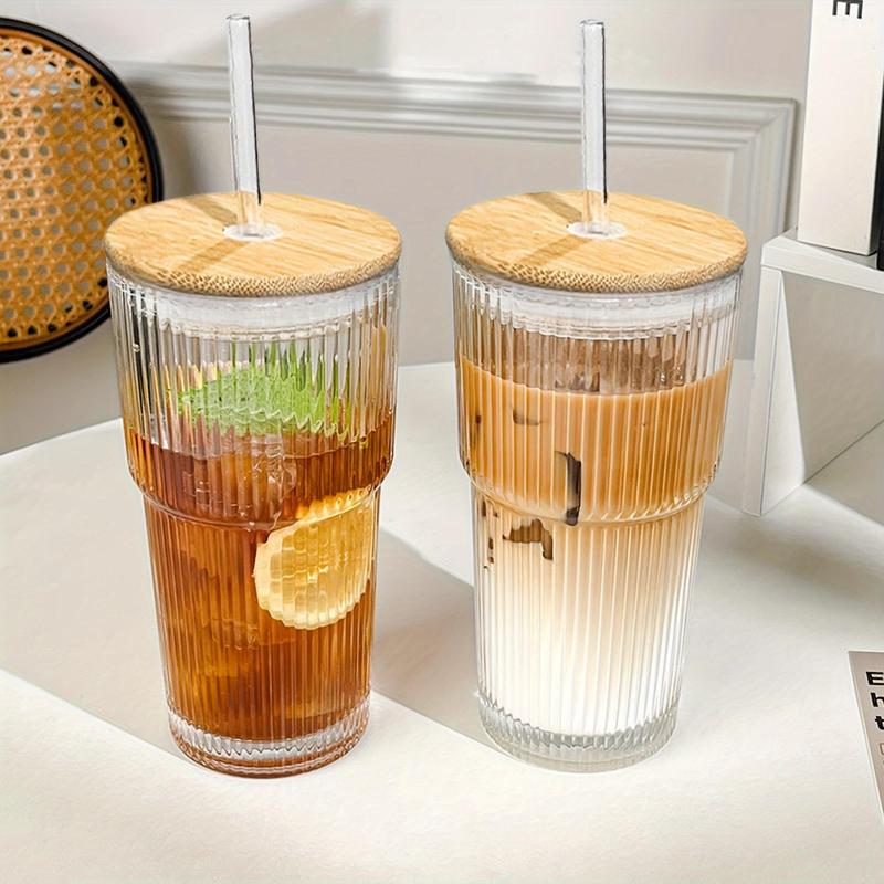 Product Introduction of Clear Glass Tumbler, 2 Counts Vintage Glass Cup with Bamboo Lid & Straw, Drinking Cup for Water, Iced Coffee, Juice, Milk Tea 0